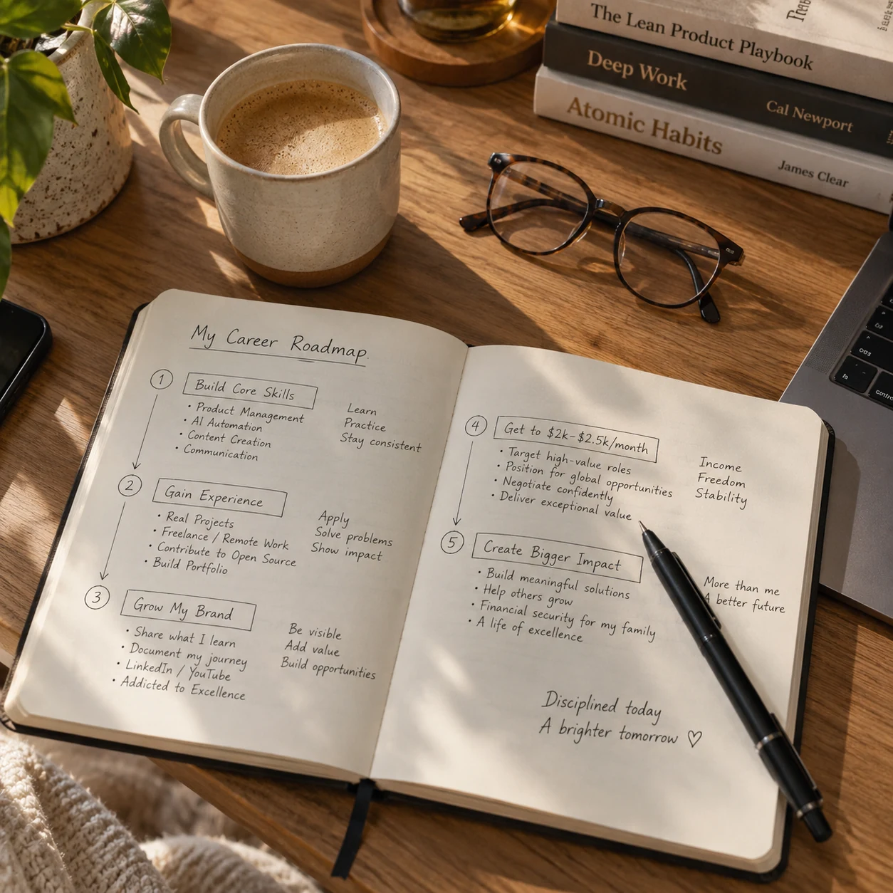 Career roadmap notebook on a desk